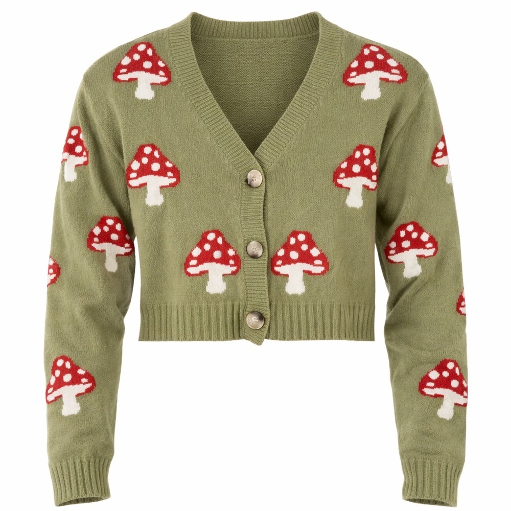 Mushroom Cropped Cardigan Womens S Green Cottage Fairy Goblin Forest Earthy Mori